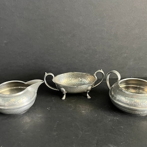 Antique English Pewter Tea Set, Hammered Pewter, Vintage English Pewter Hammered Tea Servers, Antique English Art Deco Hammered Pewter Set