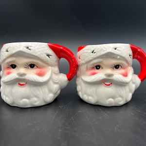 Vintage Santa Face Mug Set of 2, 1950&#39;s Christmas Novelty Santa Face Mug Set of 2, Retro Mid Century Christmas Santa Face Mugs