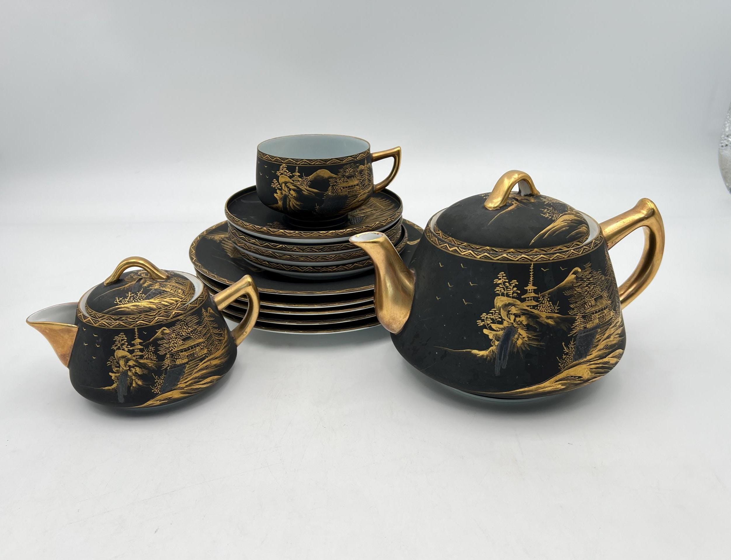 Vintage Kutani Black and Gold Tea Set: Japanese Porcelain, C.1940s