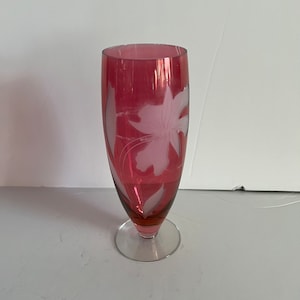 Vintage Cranberry Glass Vase: Pink Frosted Etched Lily, Footed Vase