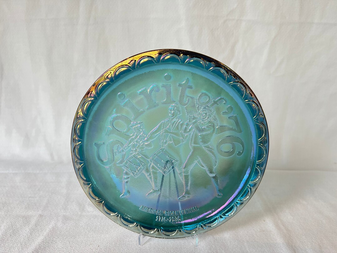 Vintage Blue Carnival Glass Plate, Indiana Glass Iridescent Collector Plate, Spirit of '76