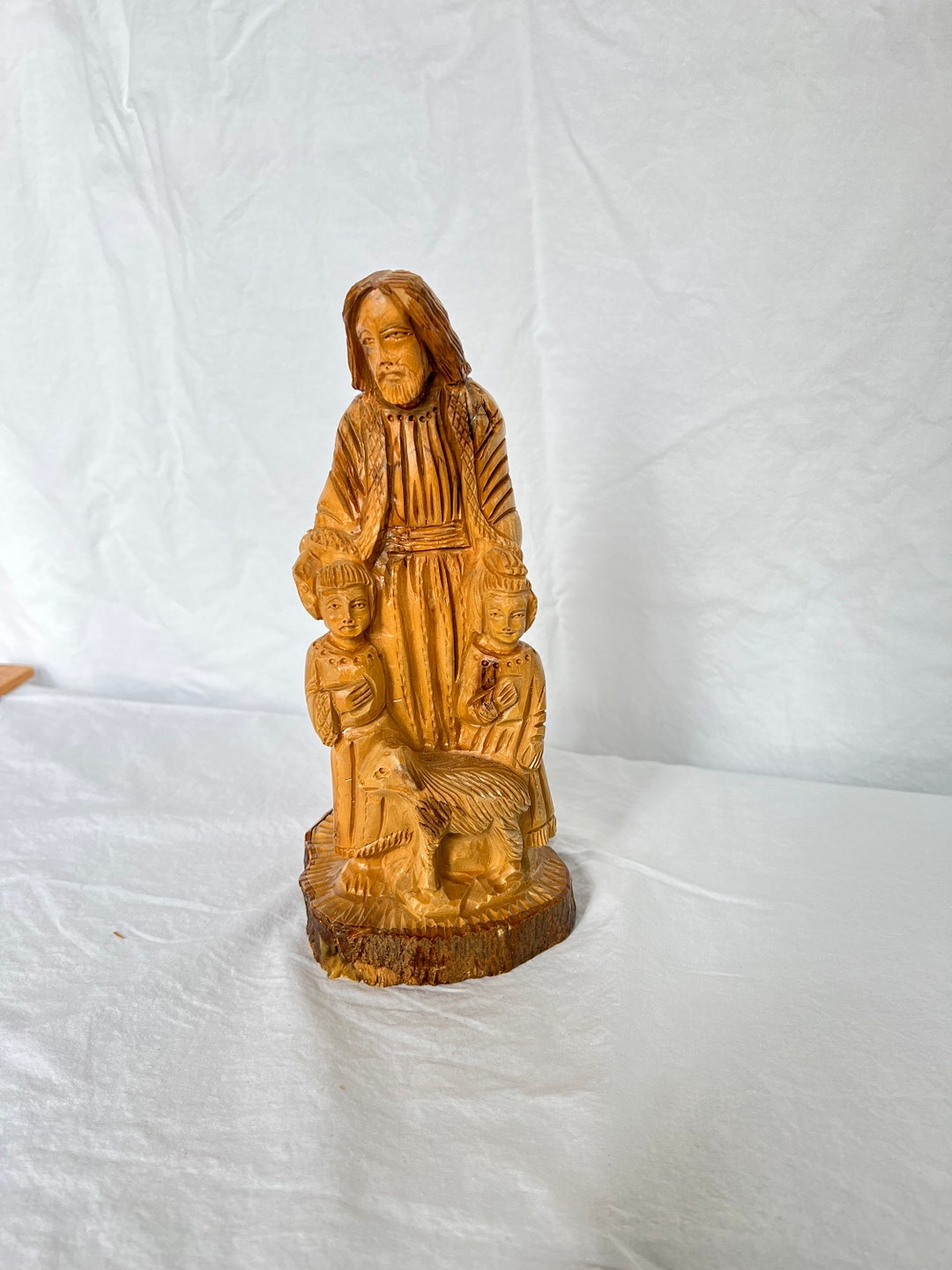 Vintage Olive Wood Hand Carved Jesus Statue, Holy Land Hand Carved