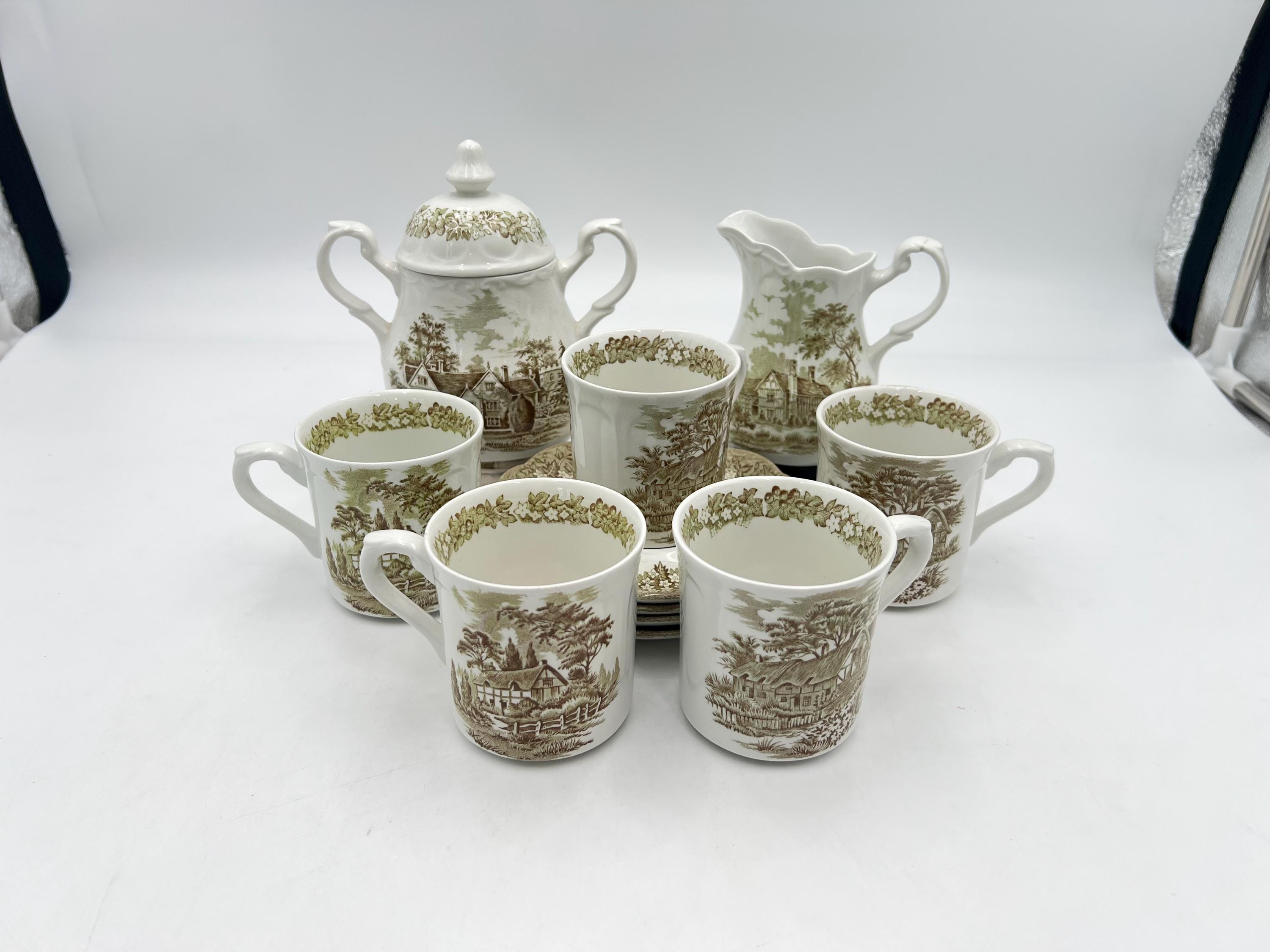 Vintage J & G Meakin England Anne Hathaway's Cottage Green English Ironstone Flat Cup and Saucer Set of 4, Vintage Meakin England Romantic