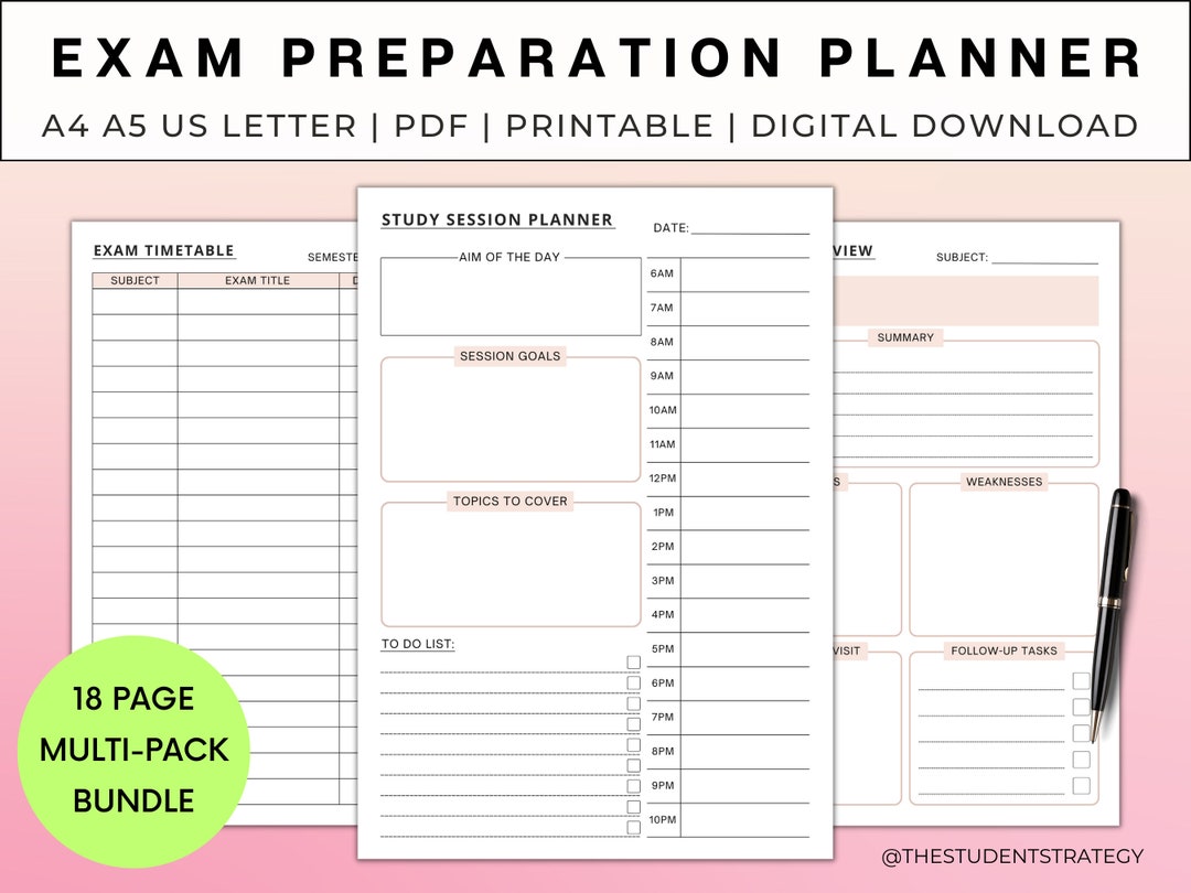 Student Exam Prep Planner Printable Exam Study Template College School University Revision ...