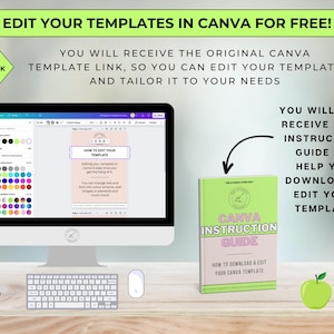 May include: A computer monitor displays a Canva template with editing instructions. A green mug, keyboard, and mouse are on the desk. A green book titled "Canva Instruction Guide" is also present, along with a green apple and colored pencils.