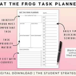 Eat The Frog Daily Task Priority Planner Hourly Time Blocking Schedule Stop Procrastinating A4 A5 US Letter Digital Download image 3