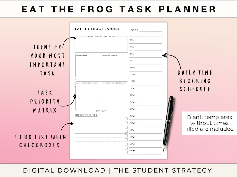 Eat The Frog Daily Task Priority Planner Hourly Time Blocking Schedule Stop Procrastinating A4 A5 US Letter Digital Download image 3