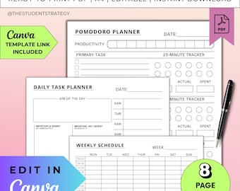 -Produktivitäts-Planer | Tages & Wöchentlicher Aufgabenplaner | Eisenhower-Matrix | Pomodoro | Zeitblockierung | Canva Bearbeitbar | A4 Digitales PDF