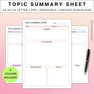 Feuille de révision simple pour le résumé d'un sujet | Modèle d'étude de plan de révision | Modèle imprimable de prise de notes | A4 A5 Lettre US | Téléchargement numérique