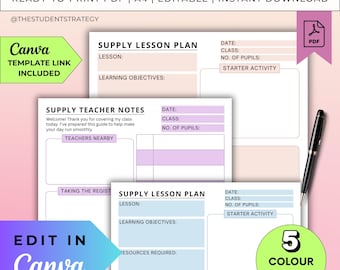 -Versorgungsmaterial Lehrer-Unterrichtsplan-Vorlage | Planer/Schullehrerin Planner | Bearbeitbarer Ersatzlehrer-Plan | Canva Bearbeitbar | A4-PDF