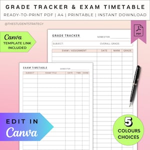 Simple Grade Tracker & Exam Timetable Set | Printable Grade Sheet | Exam Schedule Template For Students | Canva Template | A4 Digital PDF