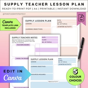 Supply Teacher Lesson Plan Template | School Teacher Planning Sheet | Editable Substitute Teacher Plan | Canva Template | A4 PDF