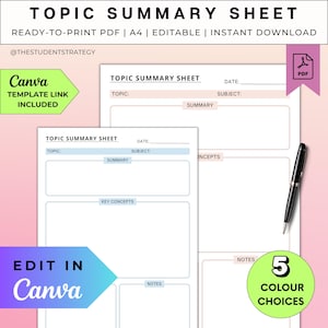 Simple Topic Summary Revision Sheet | Revision Plan Study Template | Printable Note-Taking Template | Canva Editable | A4 Digital PDF