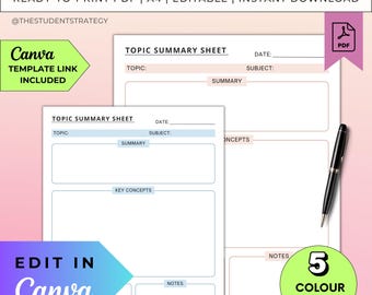 Simple Topic Summary Revision Sheet | Revision Plan Study Template | Printable Note-Taking Template | Canva Editable | A4 Digital PDF