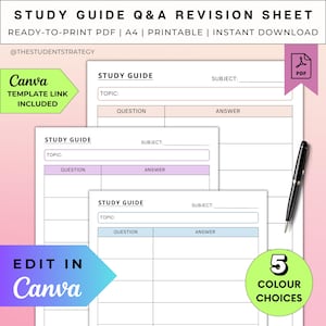 Simple Study Guide Revision Sheet | Printable Q+A Revision Template For Students | Exam Prep | Canva Template | A4 PDF | Digital Download
