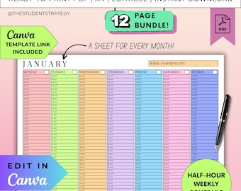 Wöchentlicher Halbstundenplaner | Druckbare Timeblocking-Vorlage | Woche auf einen Blick | Wöchentlicher Stunden-Tracker | Canva Bearbeitbar | A4-PDF