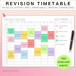 Horario de repaso / Horario de estudio / Plantilla de horario imprimible para estudiantes / Tamaño A4 A5 Carta EE. UU. / Descarga digital