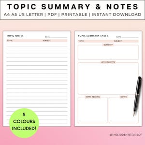 Plantilla sencilla para resumen de temas y toma de notas / Hoja de revisión imprimible / Plantilla de estudio de plan de revisión / Tamaño A4 A5 Carta de EE. UU. / Descarga digital