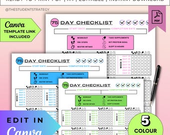 75-Day Checklist | 75-Day Challenge Tracker Sheet | Printable Habit Tracker Template | Canva Editable | A4 PDF