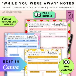 Peut inclure: Un ensemble de notes de remplacement imprimables avec des designs colorés. Les notes comprennent des sections pour la date, le nom du remplaçant, les informations sur les élèves et les rappels. Le lot comprend 60 pages et 30 designs amusants, modifiables dans Canva.