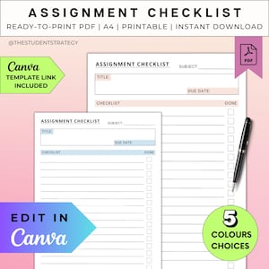 Simple Assignment Checklist For Students | Printable Assignment Planner Sheet | Homework Checklist | Canva Template | A4 Digital PDF