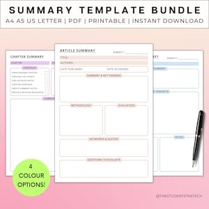 Pacote de modelos de resumo para estudantes | Folhas de revisão | Resumo do capítulo e do artigo | Resumo do tópico | Carta A4 A5 EUA | Download digital