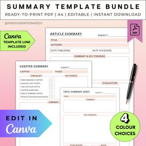 Summary Template Bundle For Students | Revision Sheets | Chapter & Article Summary | Topic Summary | Canva Editable | A4 Digital PDF