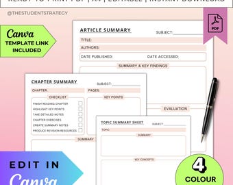 Summary Template Bundle For Students | Revision Sheets | Chapter & Article Summary | Topic Summary | Canva Editable | A4 Digital PDF