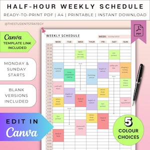 Half-Hour Weekly Schedule Template | Printable Weekly Planner | Time Blocking | Week at a Glance | Canva Template | A4 Digital PDF