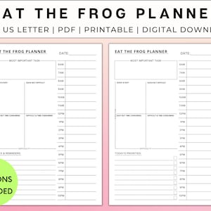 Eat The Frog Daily Task Priority Planner Hourly Time Blocking Schedule Stop Procrastinating A4 A5 US Letter Digital Download image 1