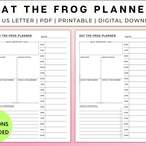 Eat The Frog | Daily Task Priority Planner | Hourly Time Blocking Schedule | Stop Procrastinating | A4 A5 US Letter | Digital Download