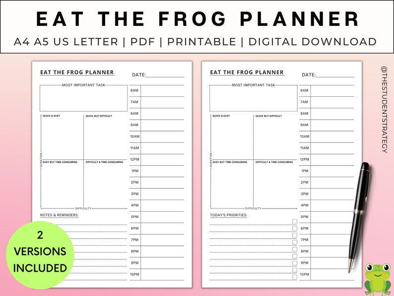 Eat The Frog Daily Task Priority Planner Hourly Time Blocking Schedule Stop Procrastinating A4 A5 US Letter Digital Download image 1