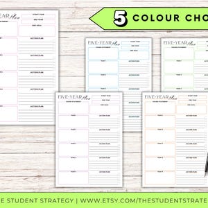 May include: A collection of five-year plan templates in various colors, including pink, blue, green, and orange. Each template features sections for vision statements, goals, and action plans. The text "FIVE-YEAR Plan" is visible on each template.