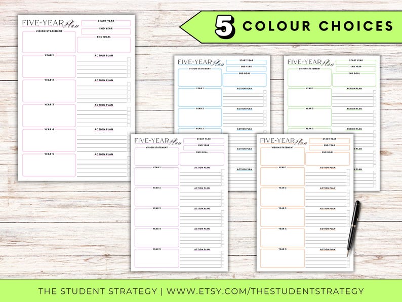 May include: A collection of five-year plan templates in various colors, including pink, blue, green, and orange. Each template features sections for vision statements, goals, and action plans. The text "FIVE-YEAR Plan" is visible on each template.