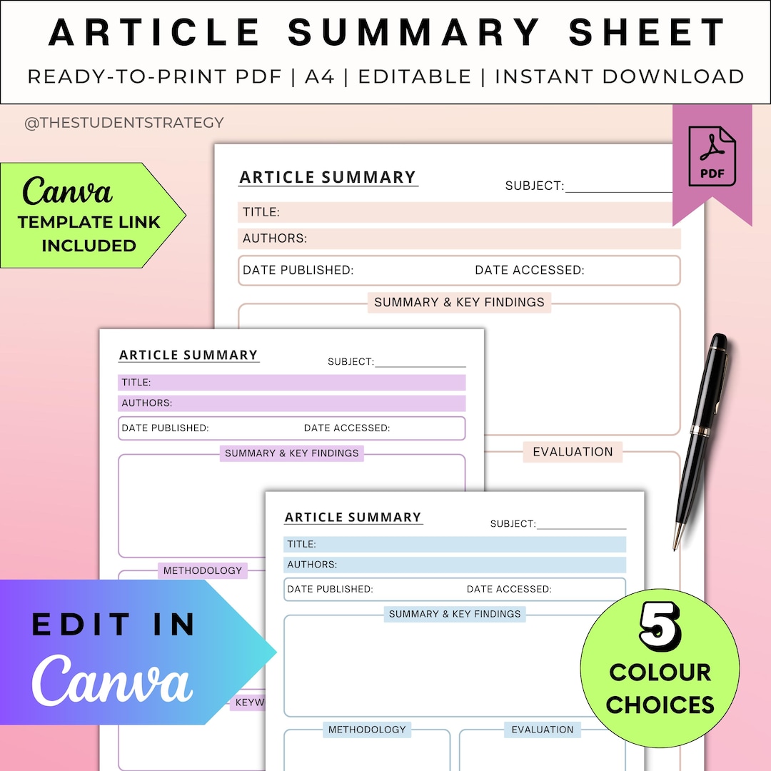 Article Summary Sheet for Students | Printable Research Paper Summary ...