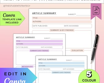 Artikel-Zusammenfassungs-Blatt für Studenten | Druckbare Vorlage für die Recherchearbeit | College & Universität | Canva Bearbeitbar | A4 Digitales PDF