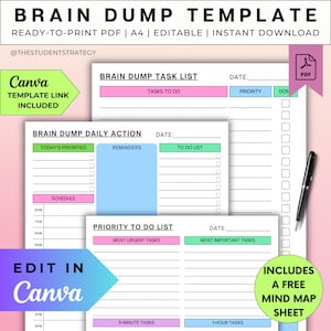 May include: A ready-to-print PDF template for brain dumping, featuring task lists, daily action plans, and priority lists. The design includes pink, green, and blue accents, with the text "Brain Dump Template" at the top. Includes a free mind map sheet.