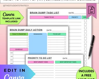 Brain Dump Vorlage | Druckbare Brain Dump Arbeitsblätter | Brain Dump Aufgabenliste | Mind Map Vorlage | Canva Bearbeitbar | A4-PDF