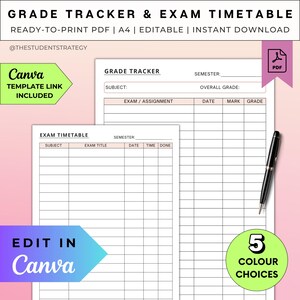 Simple Grade Tracker & Exam Timetable Set | Printable Grade Sheet | Exam Schedule Template For Students | Canva Editable | A4 Digital PDF