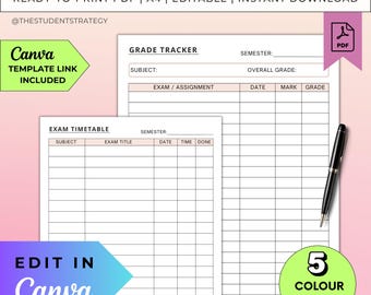 Simple Grade Tracker & Exam Timetable Set | Printable Grade Sheet | Exam Schedule Template For Students | Canva Editable | A4 Digital PDF