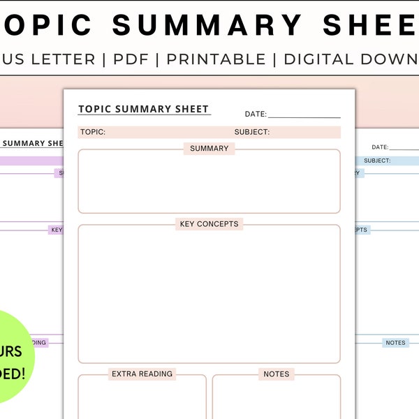 Einfache Themenzusammenfassung Revisionsblatt | Revisionsplan Studienvorlage | Druckbare Notizvorlage | A4 A5 US Letter | Digitaler Download