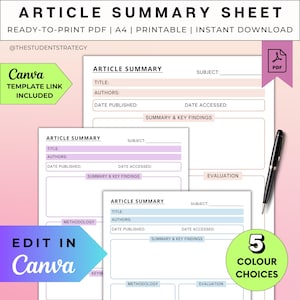 Article Summary Sheet For Students | Printable Research Paper Summary Template | College & University | Canva Template | A4 Digital PDF