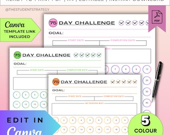 75-Tage Challenge Tracker Vorlage | Printable 75 Challenge Tracker Sheet | Habit-Tracker | Canva Bearbeitbar | A4-PDF