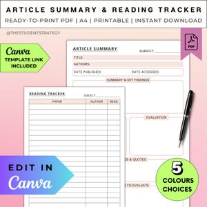 Article Summary & Reading Log Bundle | Printable Research Paper Summary Template For Students | Canva Template | A4 PDF| Digital Download