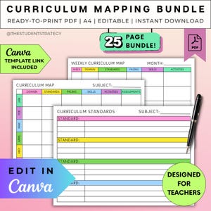 May include: A curriculum mapping bundle with ready-to-print PDF templates. The design includes weekly and monthly curriculum maps, curriculum standards, and the text "EDIT IN Canva" and "DESIGNED FOR TEACHERS". The bundle includes 25 pages.