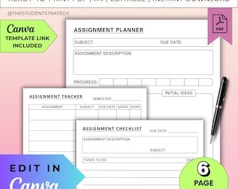 Hausaufgaben-Planer-Vorlagen-Bundle | Druckbarer Projektplaner für Studenten | Hausaufgaben-Plan | Canva Bearbeitbar | A4 Digitales PDF
