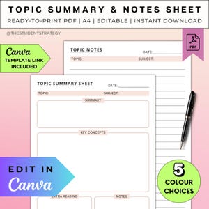 Simple Topic Summary & Note-Taking Template | Printable Revision Sheet | Revision Plan Study Template | Canva Editable | A4 Digital PDF