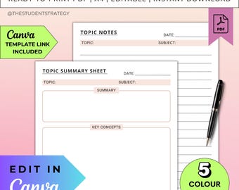 Simple Topic Summary & Note-Taking Template | Printable Revision Sheet | Revision Plan Study Template | Canva Editable | A4 Digital PDF