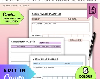 Assignment Planner & Tracker Template Set | Printable Homework Planner for Students | Canva Editable | A4 PDF | Digital Download