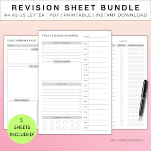 Paquete de hojas de revisión / Cronograma y lista de verificación de revisión / Planificador de sesiones de estudio / Plantilla de resumen / Tamaño A4 A5 Carta de EE. UU. / Descarga digital